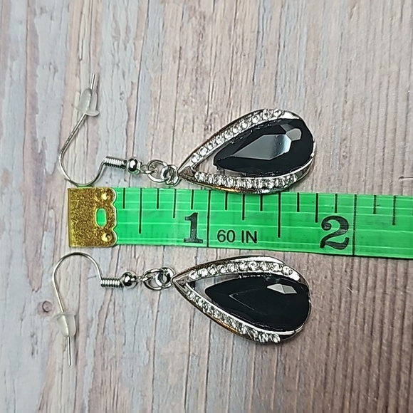 NEW BLACK TEARDROP SILVER RHINESTONE DANGLE PIERCED EARRINGS - Picture 5 of 7